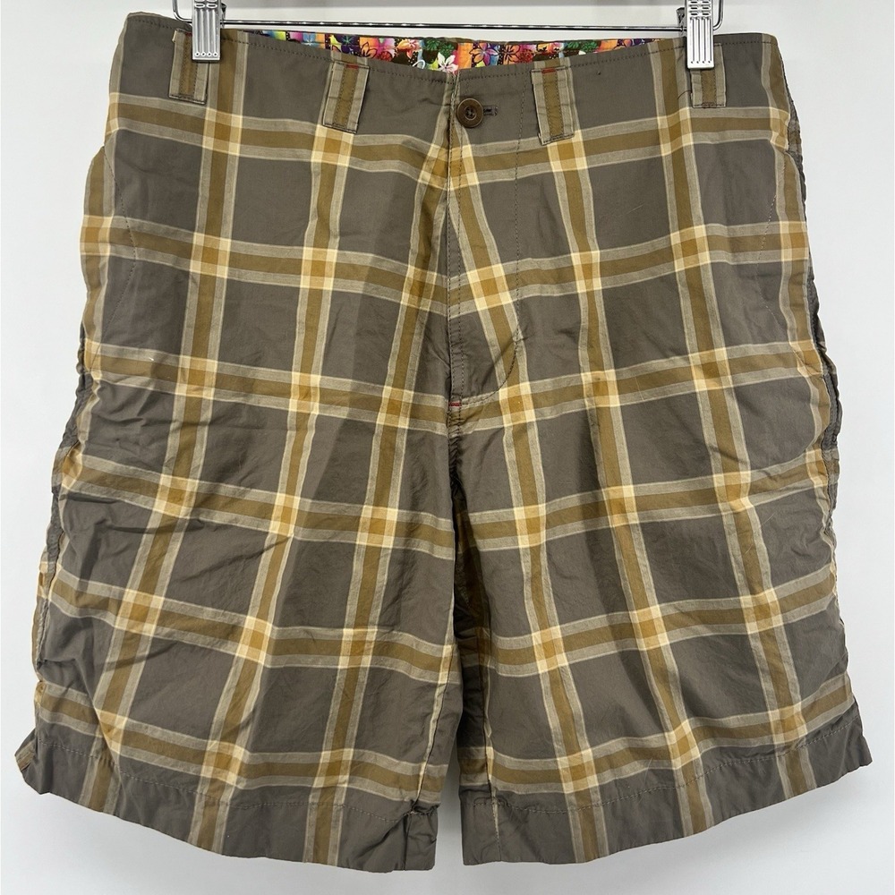 Robert Graham Mens Brown Plaid Shorts Embroidered Tagged 32 Measure 34 9" Inseam